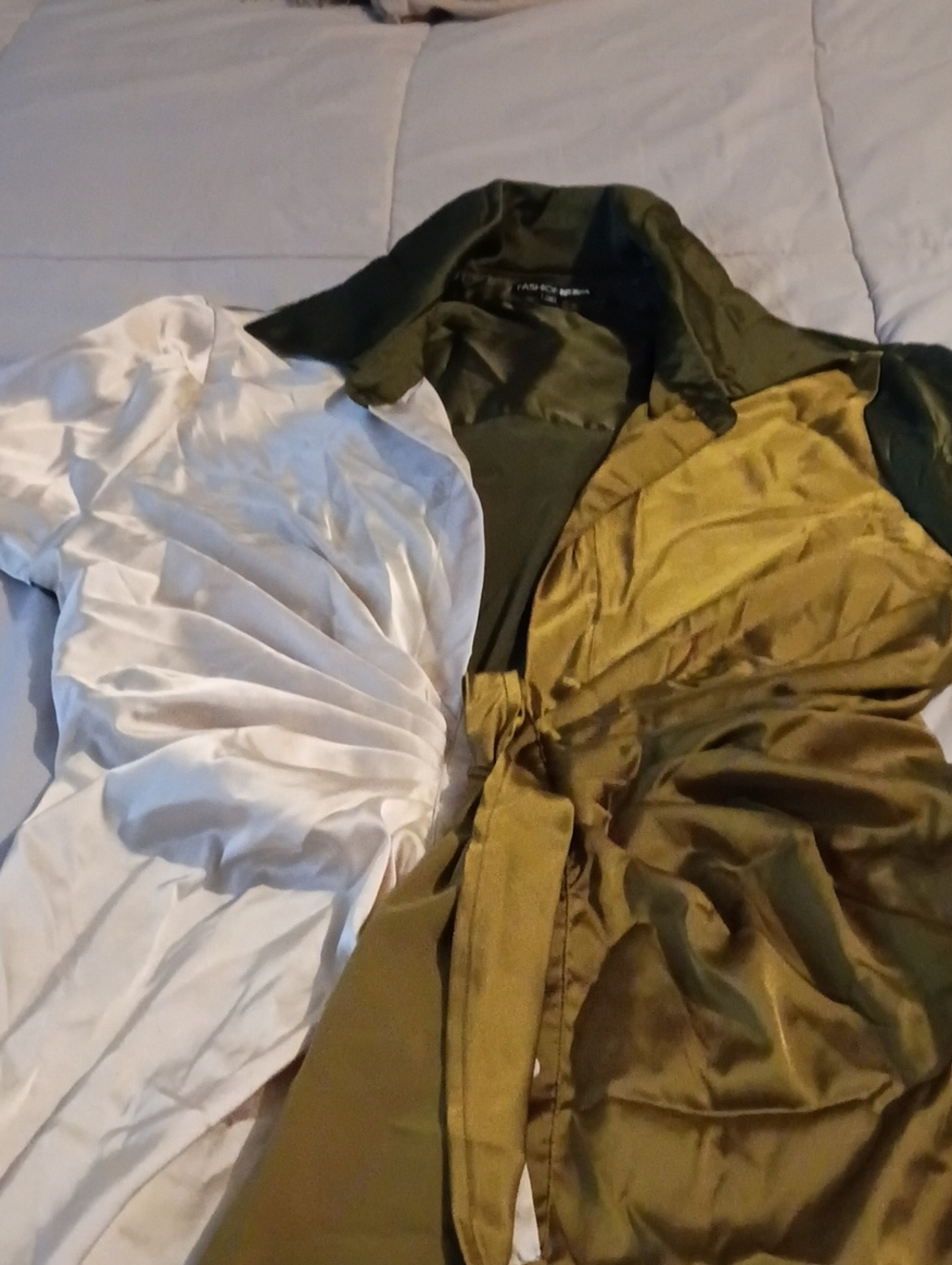 Fashion Nova Olive Green Satin Dress with White Accent